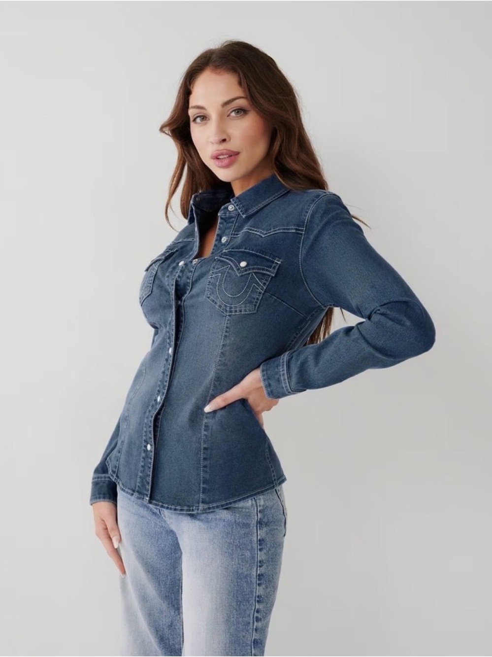 TRUE RELIGION WOMEN'S WESTERN DENIM SHIRT LARGE NEW - Picture 7 of 16